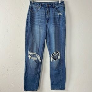 American Eagle Jeans Denim Mom Solid Dark Wash Blue Ripped Knee Holes Cotton 90s